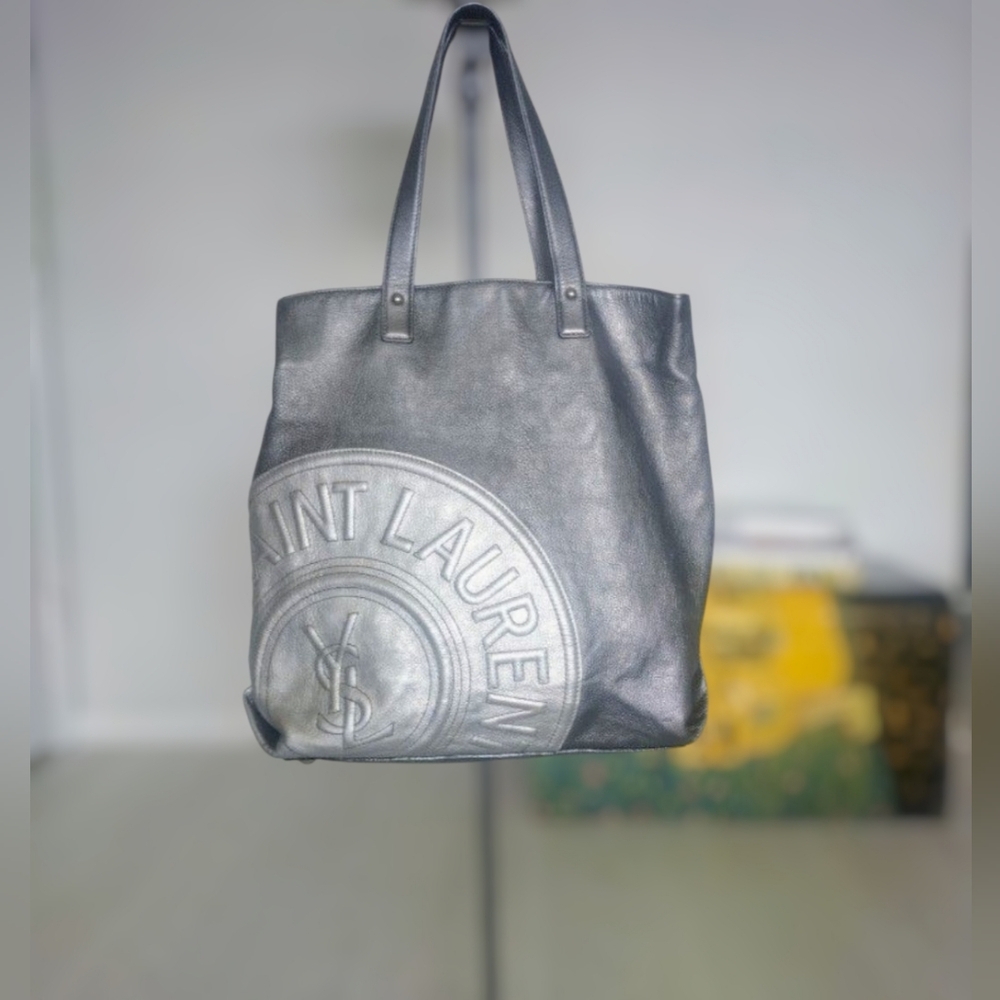 Rare VTG Yves Saint Laurent Rive Gauche  Mentallic Silver Tote Shoulder Bag.